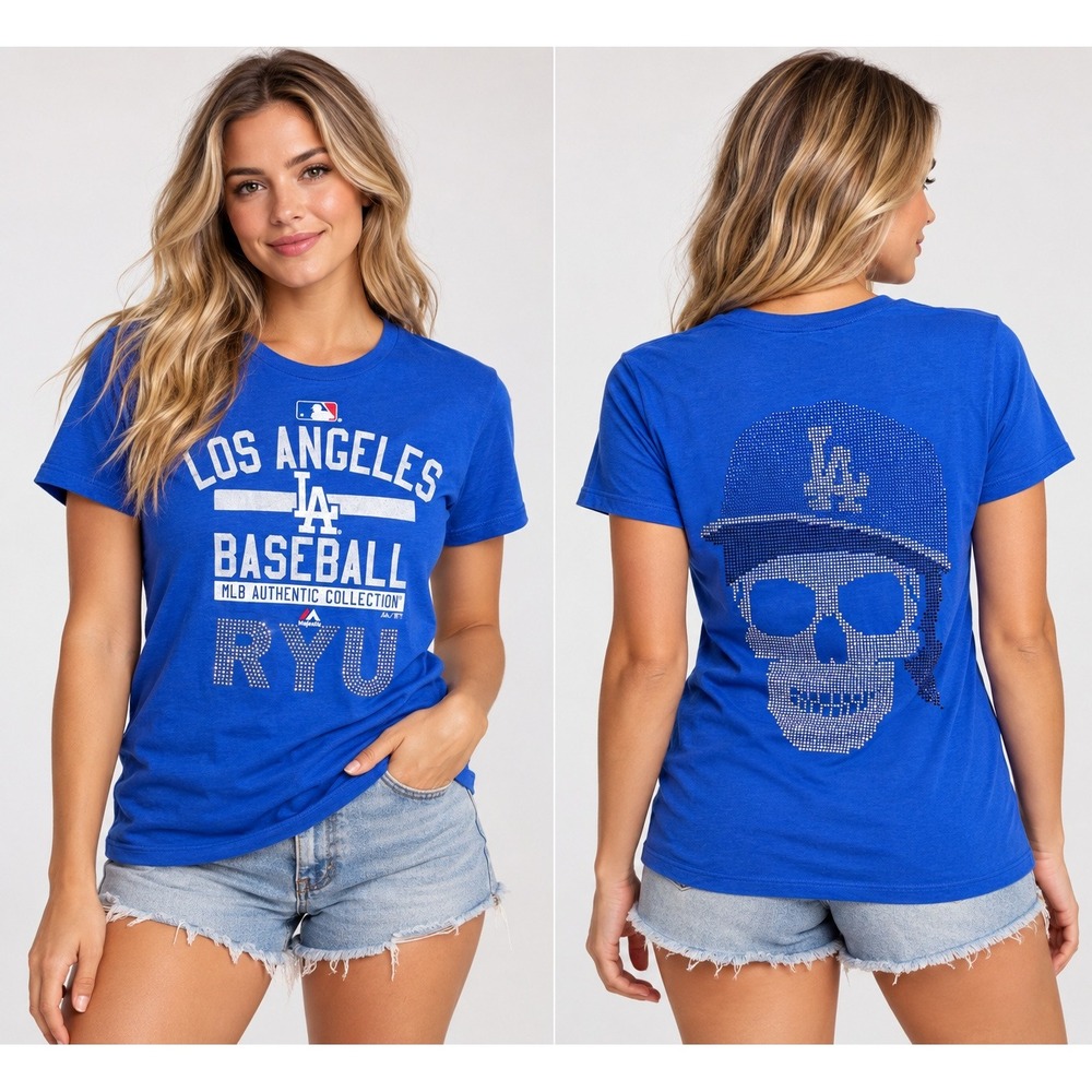 Los Angeles Dodgers  T-Shirt Womens Large Blue Ryu Rhinestone Graphic Majestic